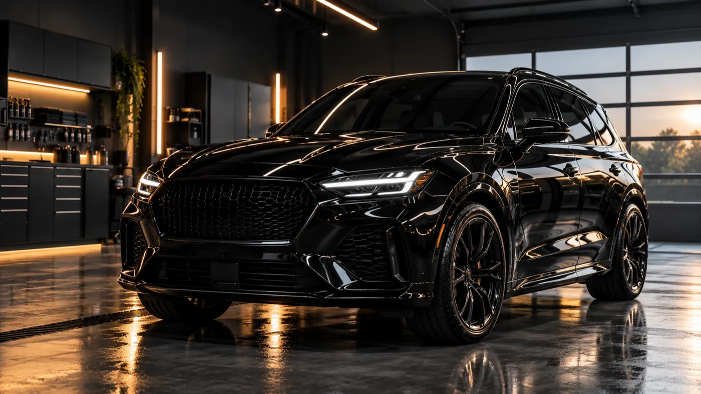 Glänzender schwarzer SUV im Studio